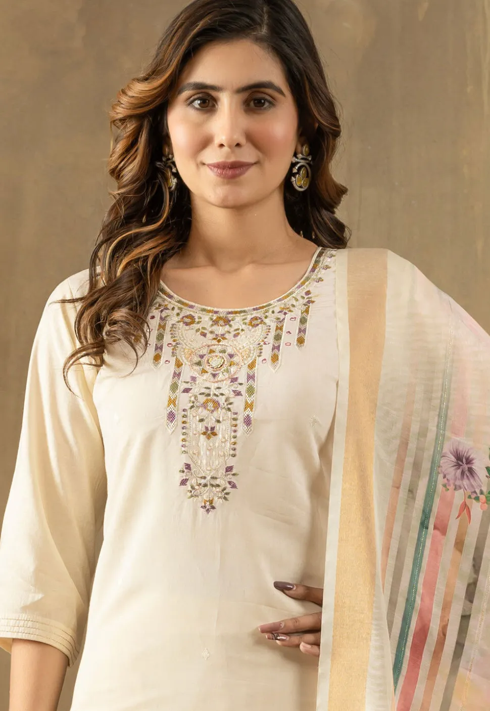 Embroidered Art Silk Pakistani Suit in Off White