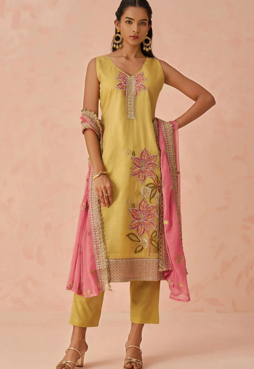 Embroidered Art Silk Pakistani Suit in Yellow