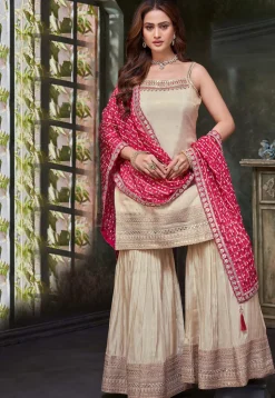Embroidered Art Silk Pakistani Suit in Light Beige