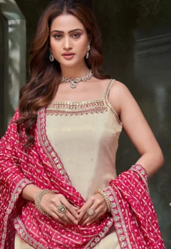 Embroidered Art Silk Pakistani Suit in Light Beige