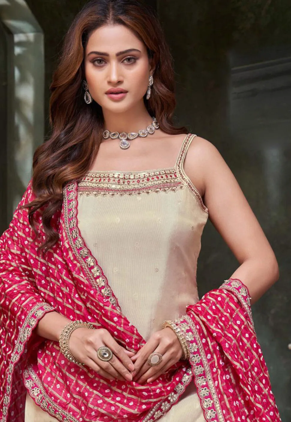 Embroidered Art Silk Pakistani Suit in Light Beige