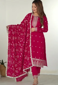 Embroidered Art Silk Pakistani Suit in Fuchsia