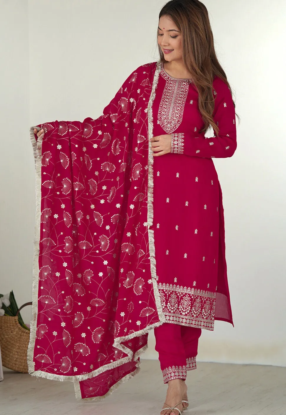Embroidered Art Silk Pakistani Suit in Fuchsia