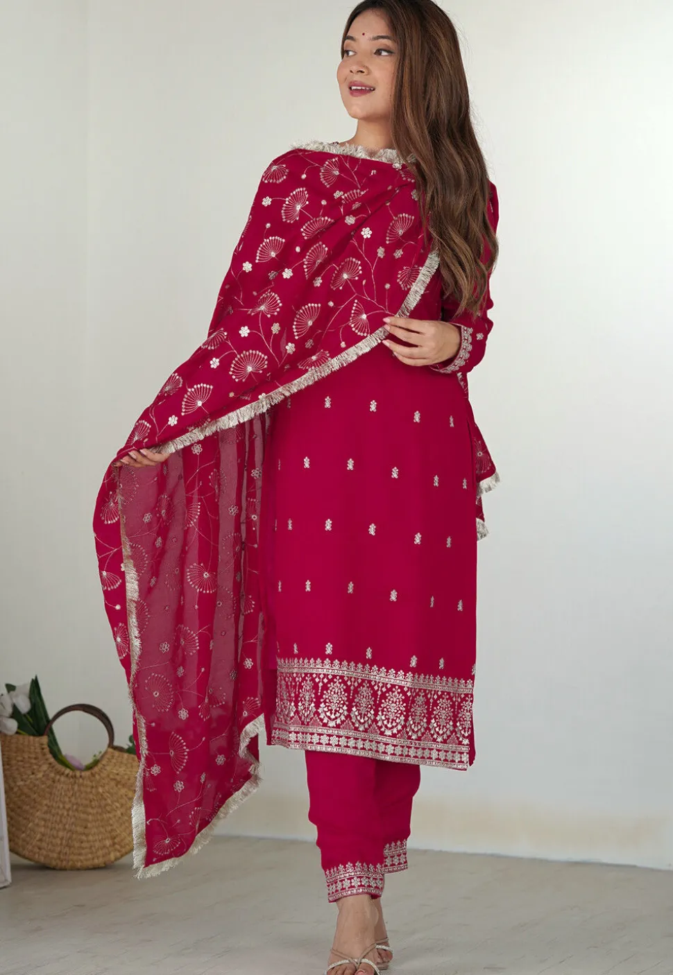 Embroidered Art Silk Pakistani Suit in Fuchsia