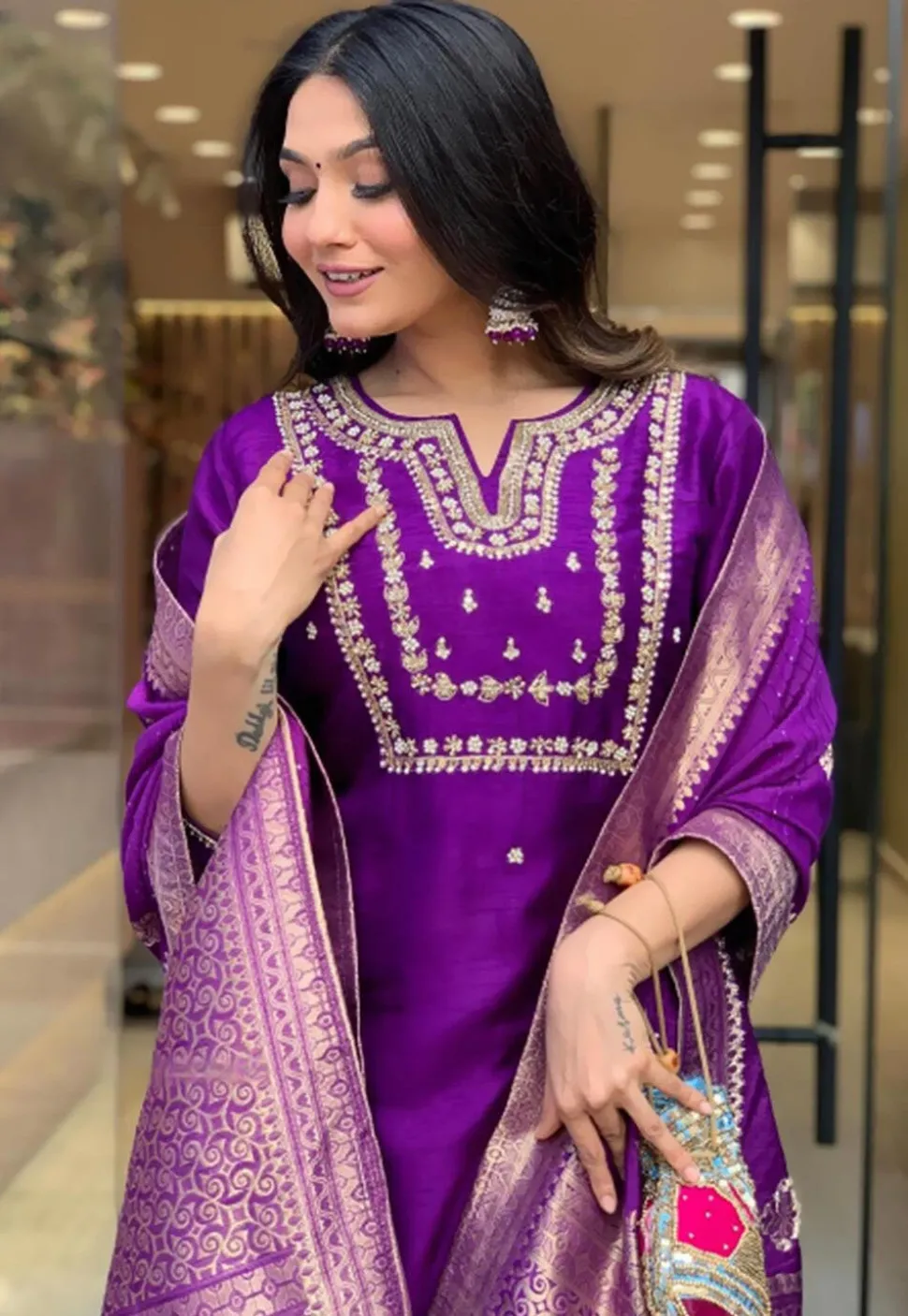 Embroidered Art Silk Pakistani Suit in Purple