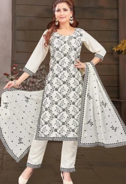 Embroidered Art Silk Pakistani Suit in Off White