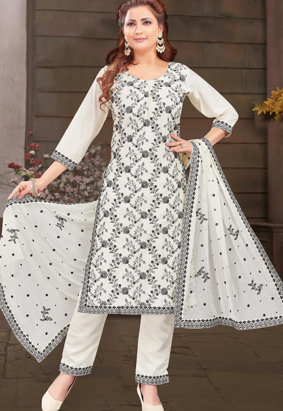 Embroidered Art Silk Pakistani Suit in Off White