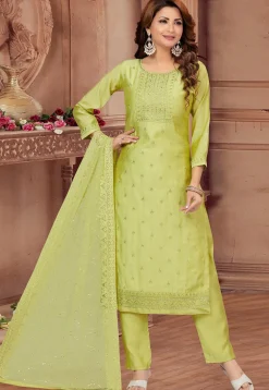 Embroidered Art Silk Pakistani Suit in Light Green