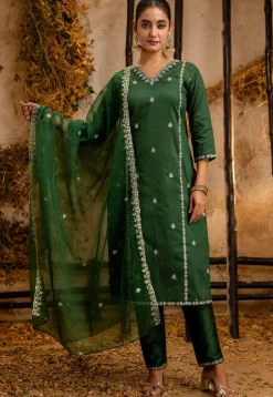 Embroidered Art Silk Pakistani Suit in Green