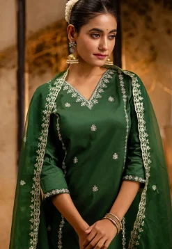 Embroidered Art Silk Pakistani Suit in Green