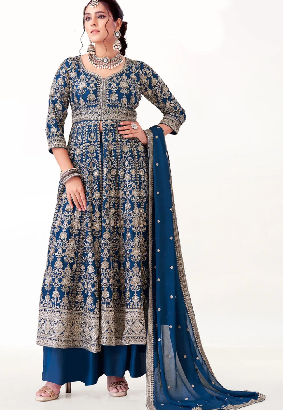 Embroidered Art Silk Pakistani Suit in Teal Blue