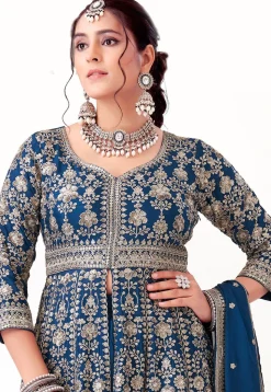 Embroidered Art Silk Pakistani Suit in Teal Blue