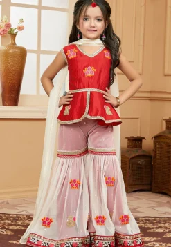 Embroidered Art Silk Pakistani Suit in Red