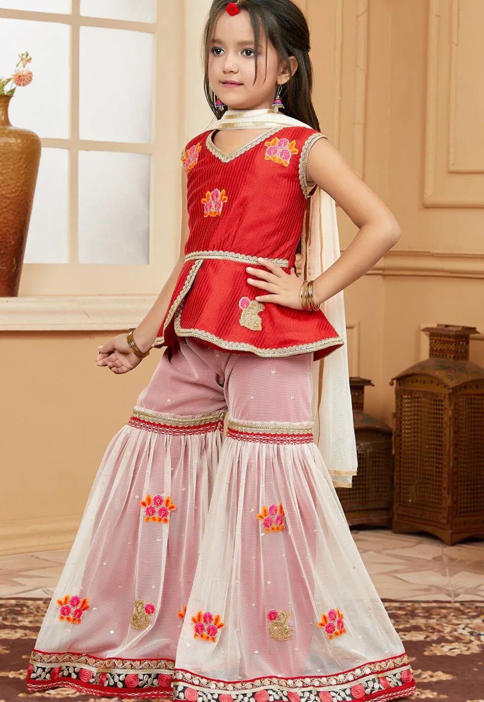 Embroidered Art Silk Pakistani Suit in Red