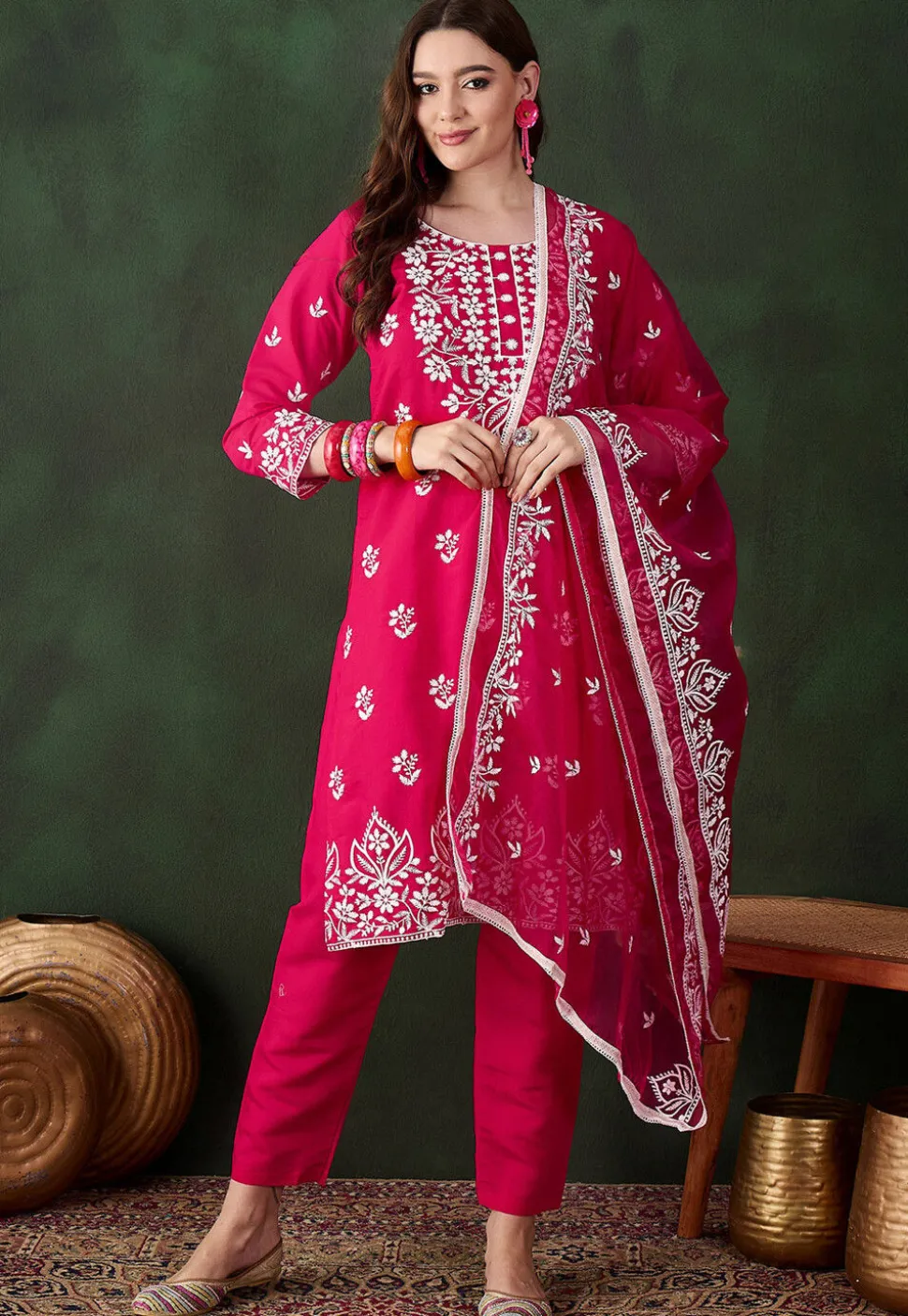 Embroidered Art Silk Pakistani Suit in Fuchsia