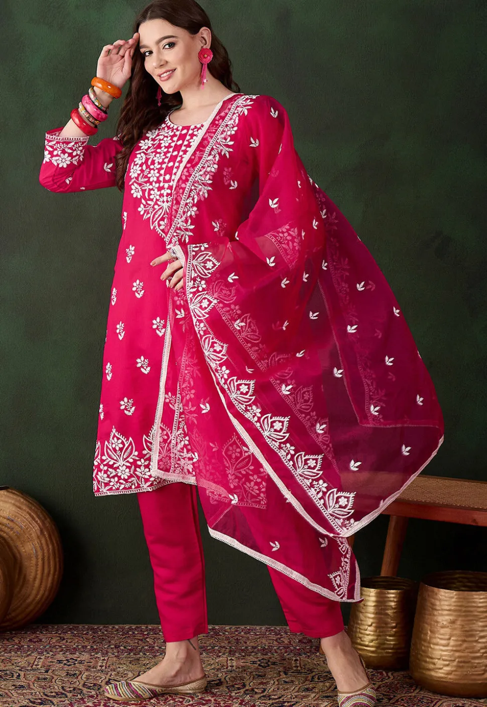 Embroidered Art Silk Pakistani Suit in Fuchsia