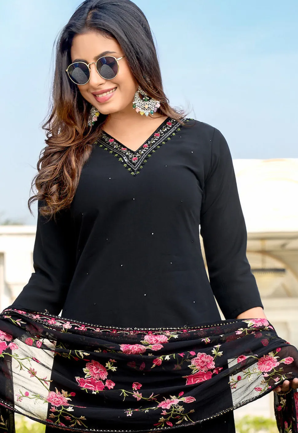 Embroidered Art Silk Pakistani Suit in Black