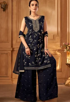 Embroidered Art Silk Pakistani Suit in Dark Blue