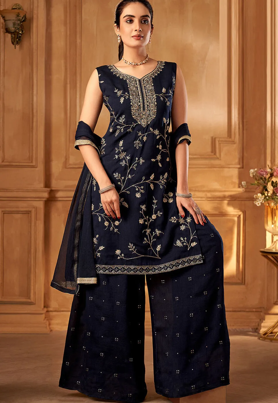 Embroidered Art Silk Pakistani Suit in Dark Blue