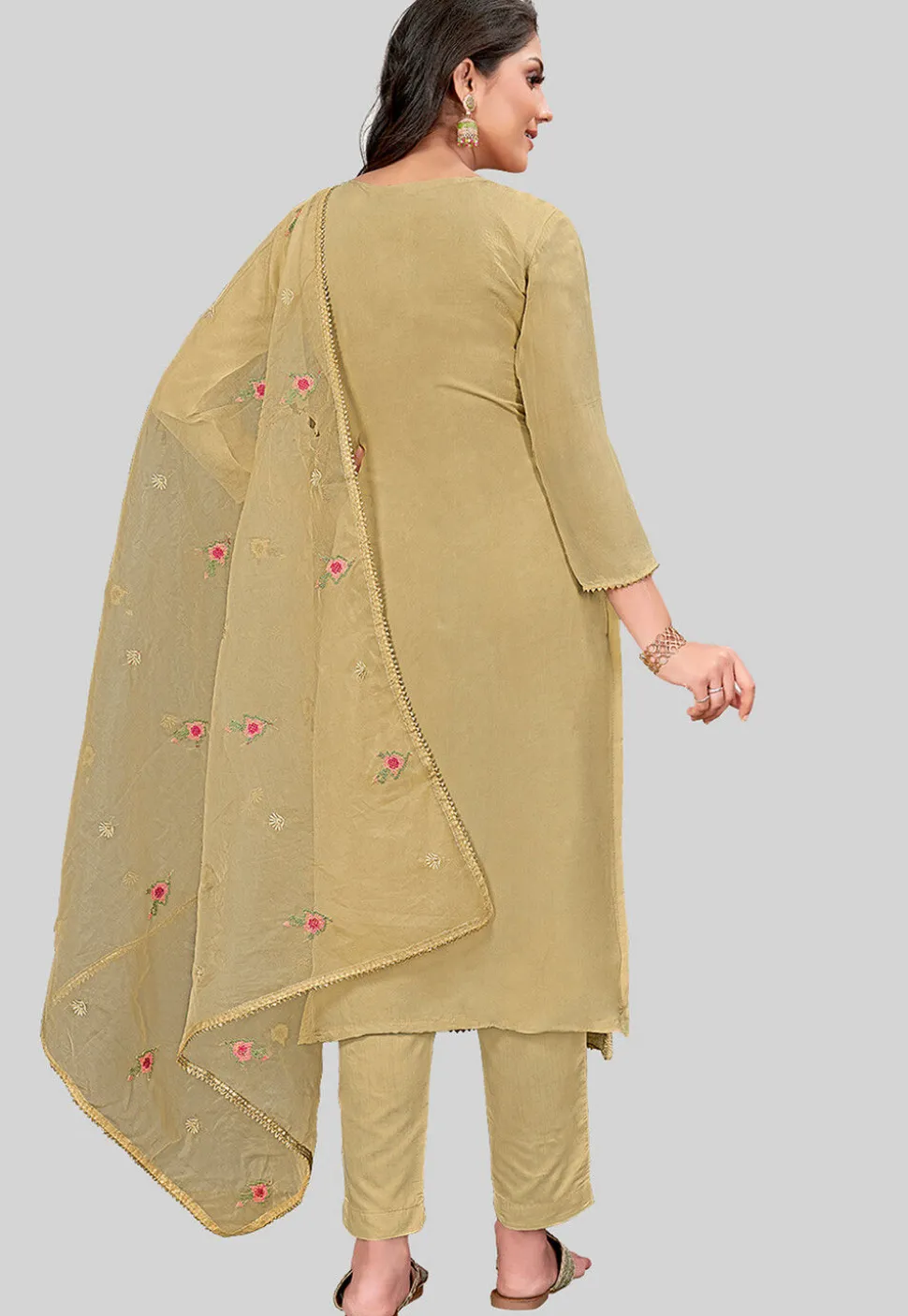 Embroidered Art Silk Pakistani Suit in Beige