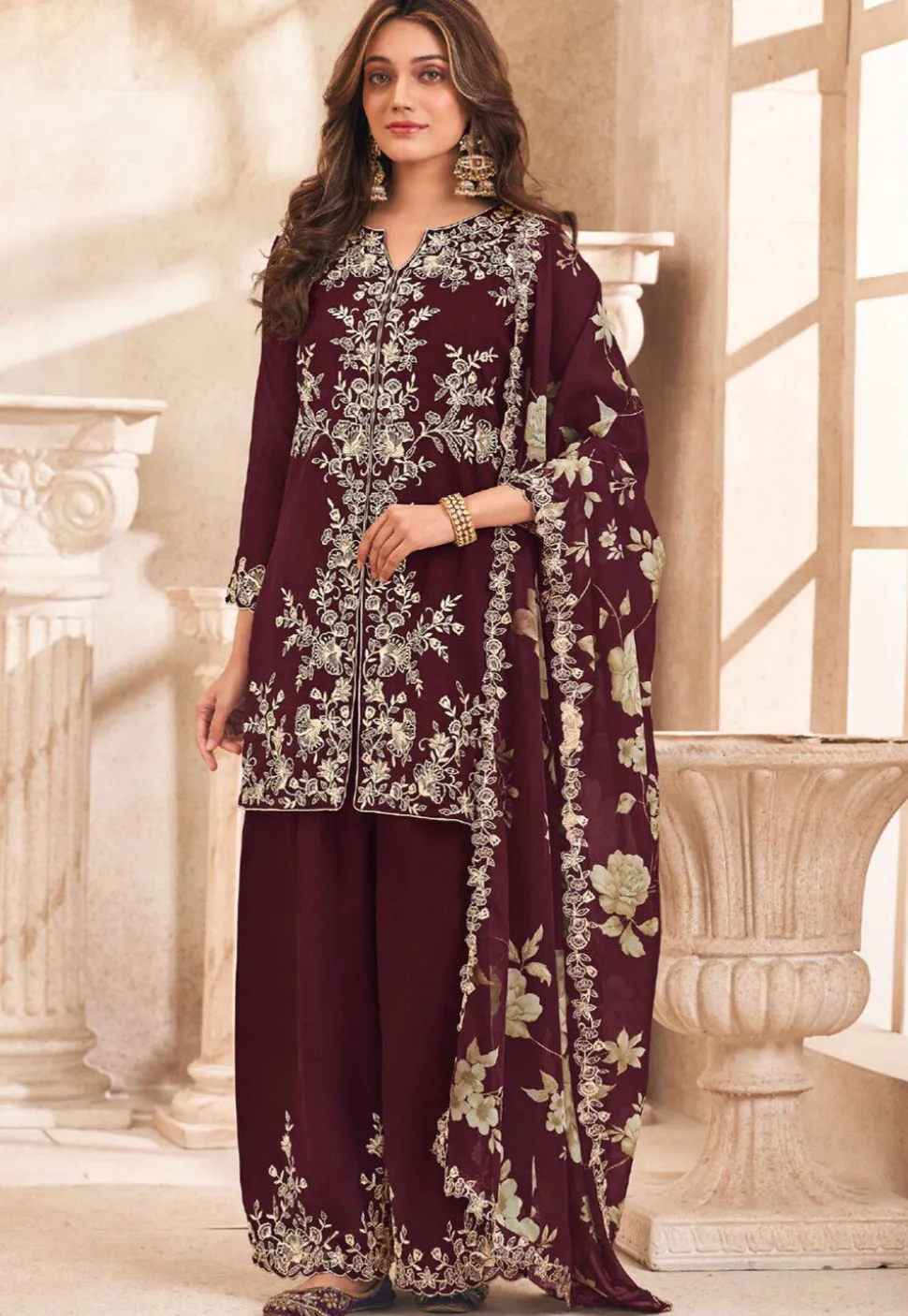 Embroidered Art Silk Pakistani Suit in Wine