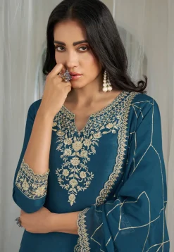 Embroidered Art Silk Pakistani Suit in Teal Blue