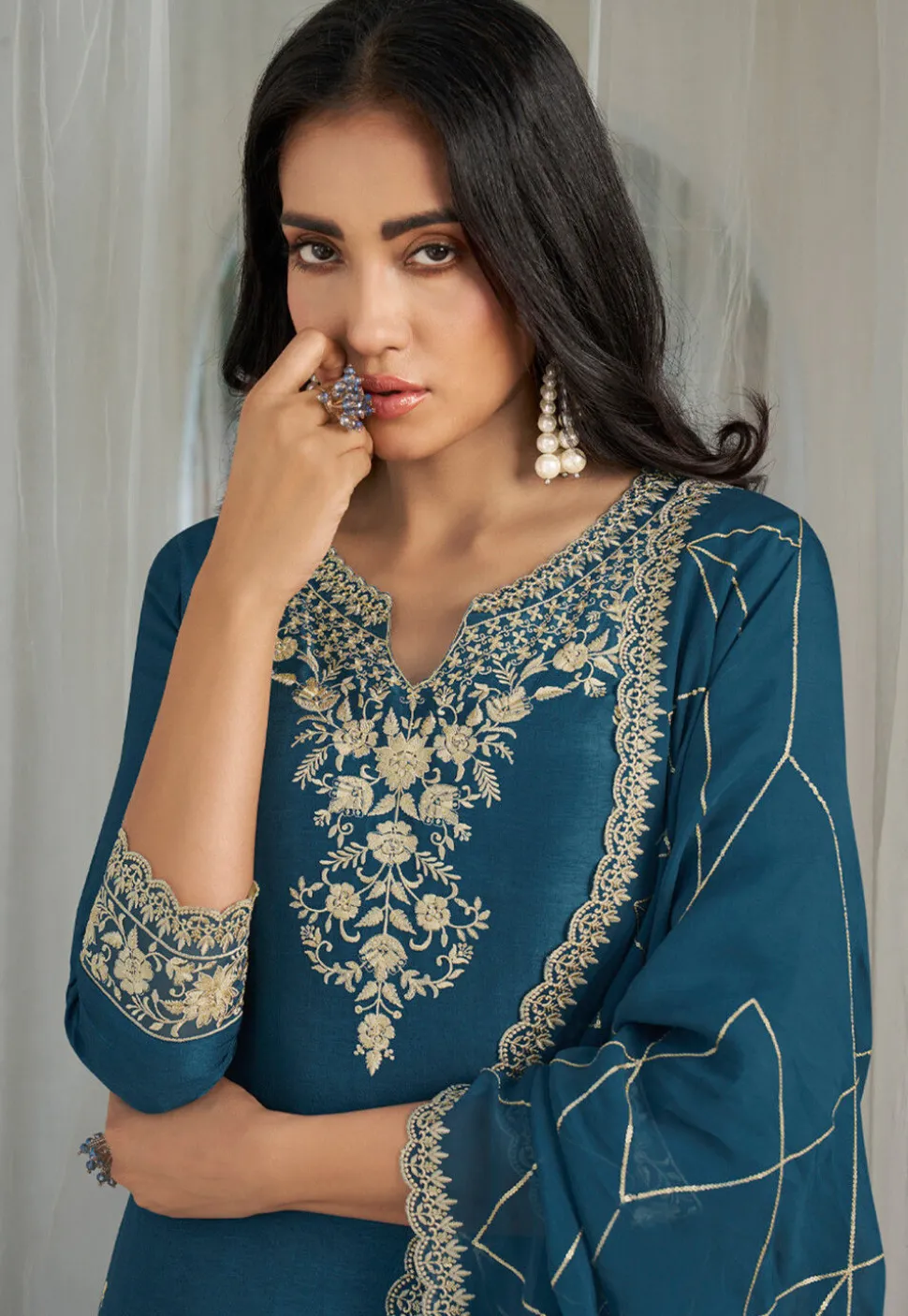 Embroidered Art Silk Pakistani Suit in Teal Blue