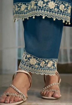 Embroidered Art Silk Pakistani Suit in Teal Blue