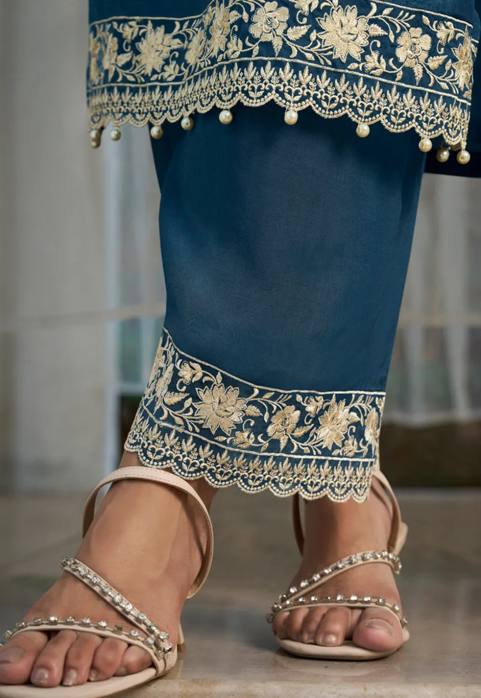 Embroidered Art Silk Pakistani Suit in Teal Blue