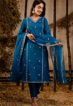 Embroidered Art Silk Pakistani Suit in Teal Blue