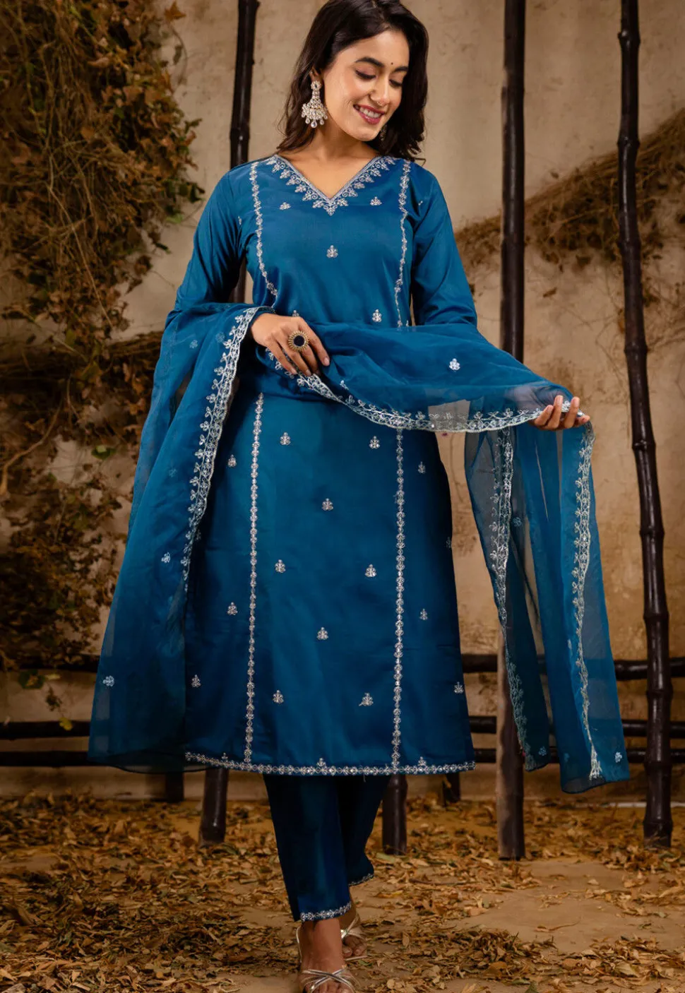Embroidered Art Silk Pakistani Suit in Teal Blue