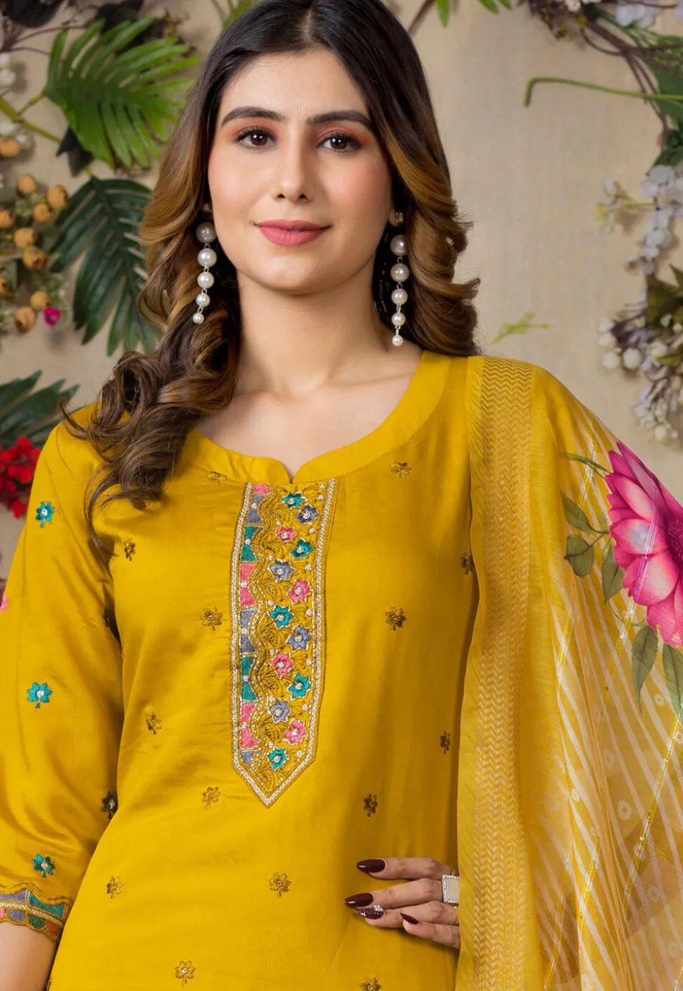 Embroidered Art Silk Pakistani Suit in Yellow