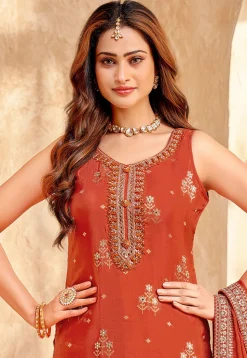 Embroidered Art Silk Pakistani Suit in Orange