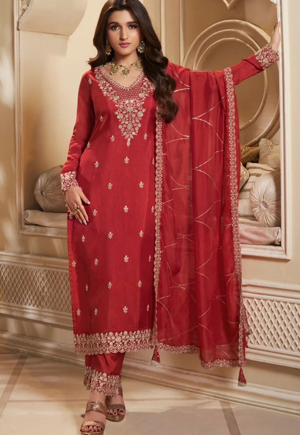 Embroidered Art Silk Pakistani Suit in Red