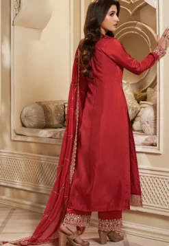 Embroidered Art Silk Pakistani Suit in Red
