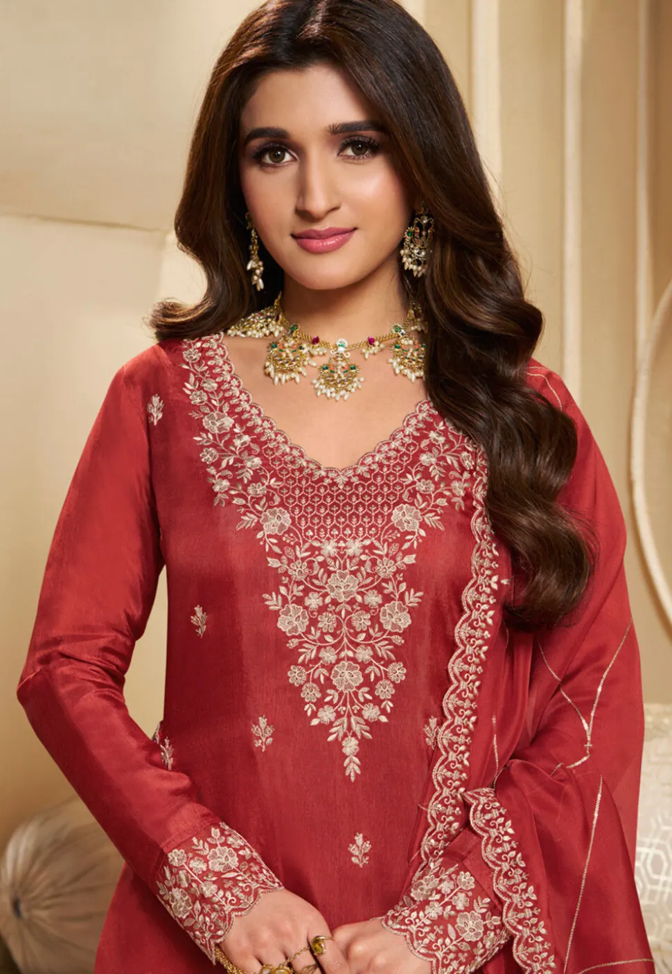 Embroidered Art Silk Pakistani Suit in Red