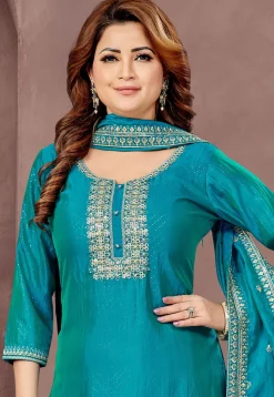 Embroidered Art Silk Pakistani Suit in Teal Blue