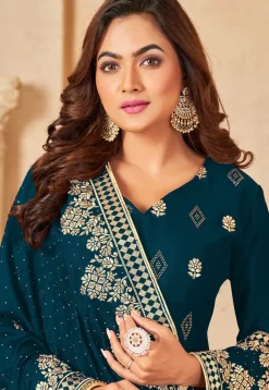 Embroidered Art Silk Pakistani Suit in Teal Blue