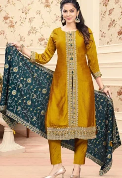 Embroidered Art Silk Pakistani Suit in Mustard