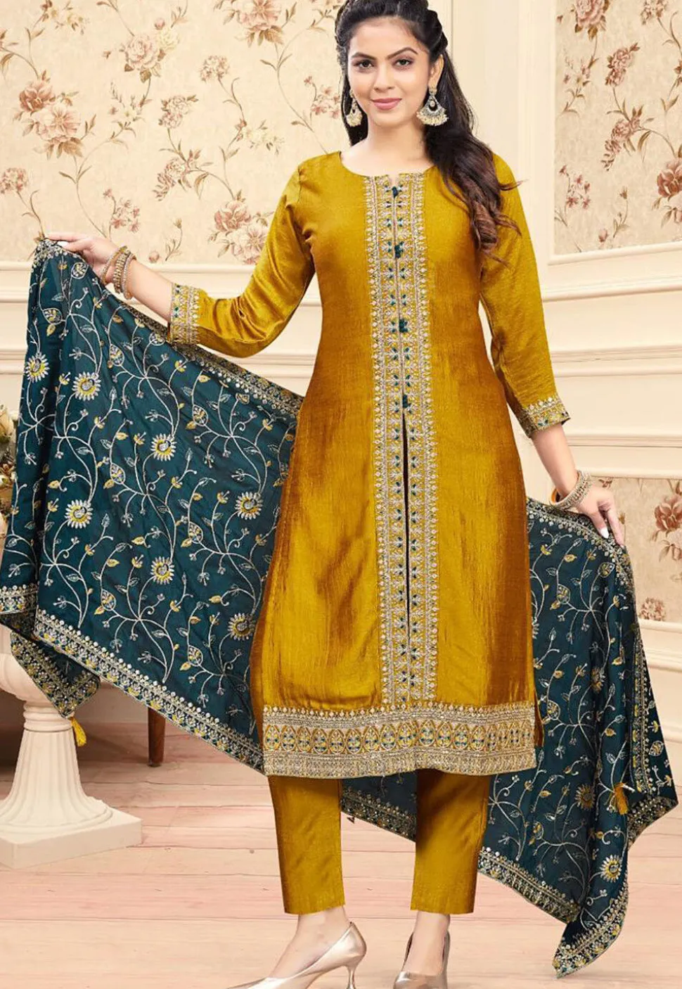Embroidered Art Silk Pakistani Suit in Mustard