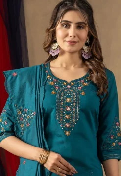 Embroidered Art Silk Pakistani Suit in Teal Blue