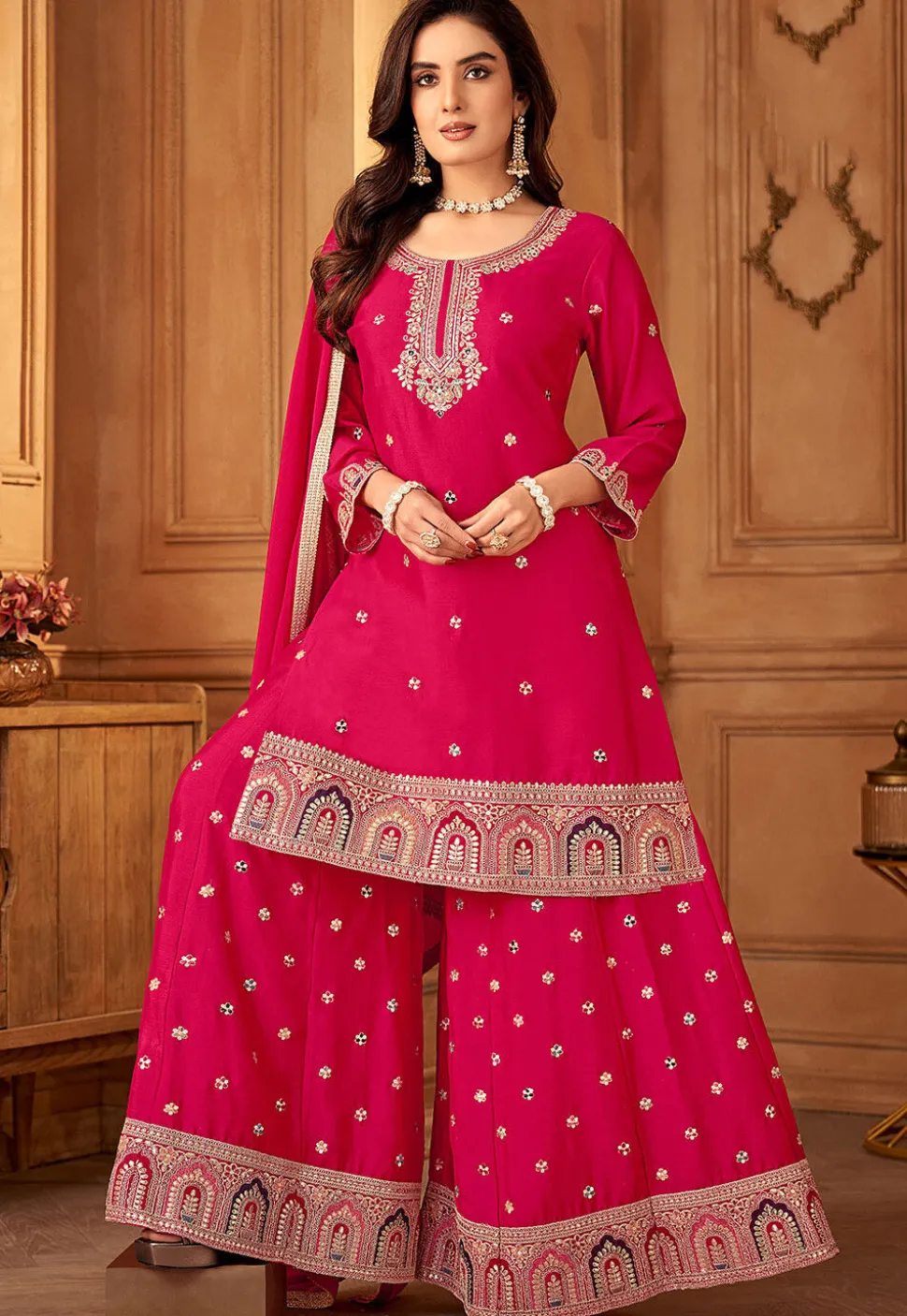 Embroidered Art Silk Pakistani Suit in Fuchsia