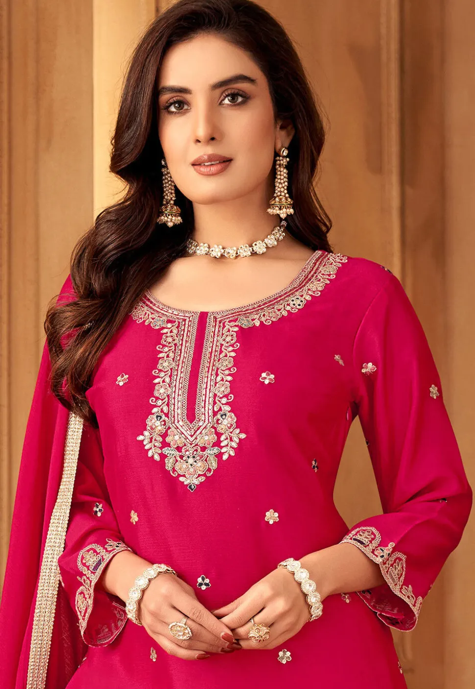 Embroidered Art Silk Pakistani Suit in Fuchsia