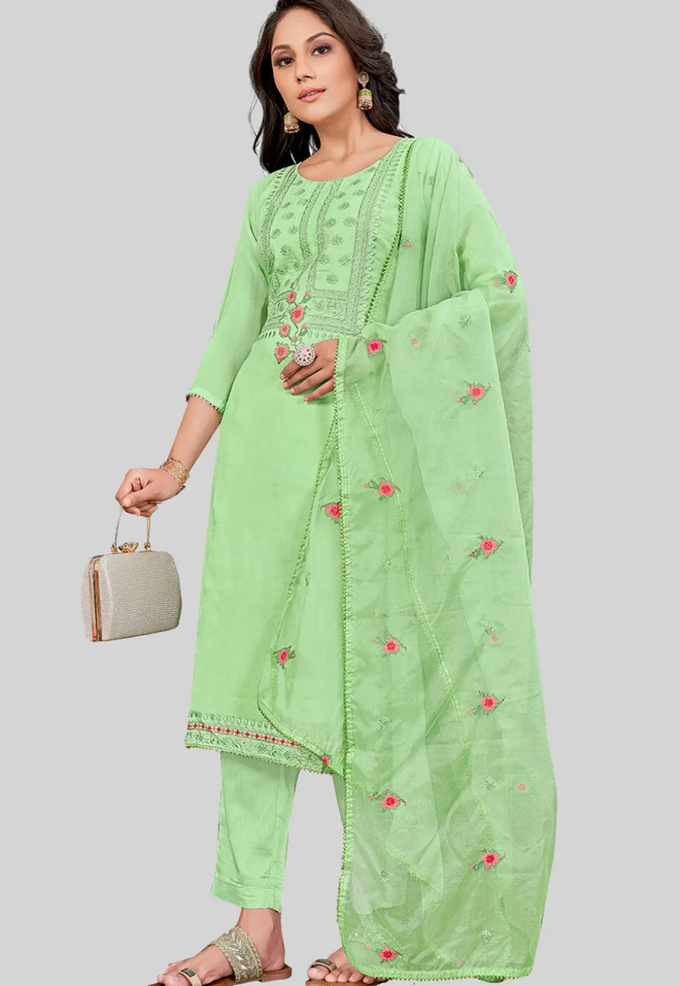 Embroidered Art Silk Pakistani Suit in Light Green