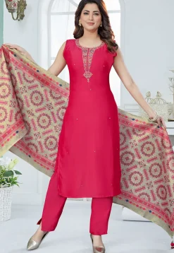 Embroidered Art Silk Pakistani Suit in Fuchsia