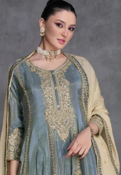 Embroidered Art Silk Pakistani Suit in Grey