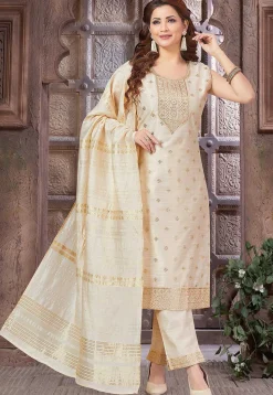 Embroidered Art Silk Pakistani Suit in Cream