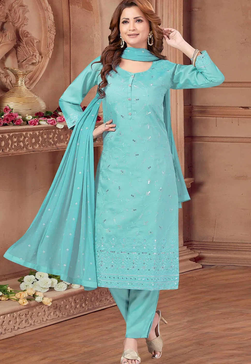 Embroidered Art Silk Pakistani Suit in Blue