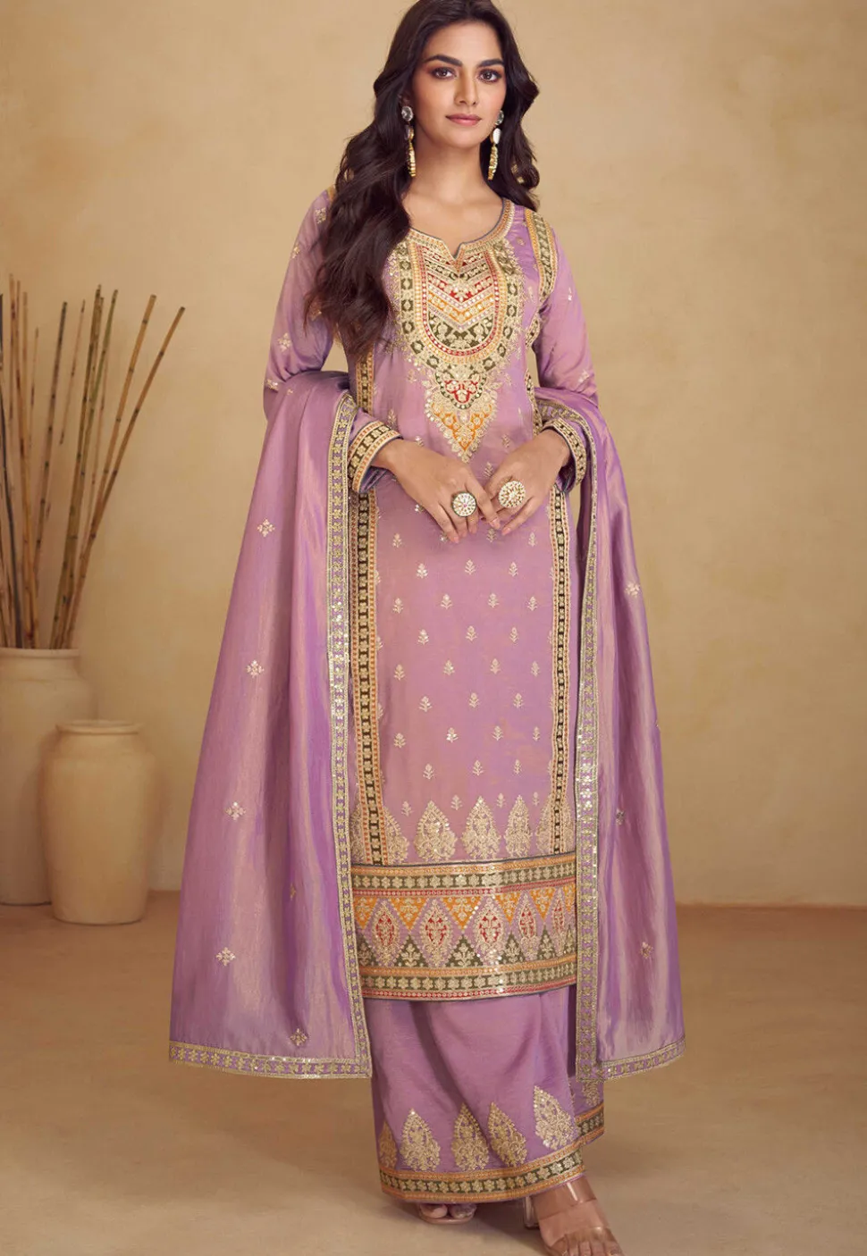 Embroidered Art Silk Pakistani Suit in Light Purple