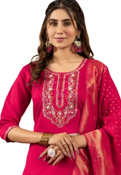 Embroidered Art Silk Pakistani Suit in Fuchsia